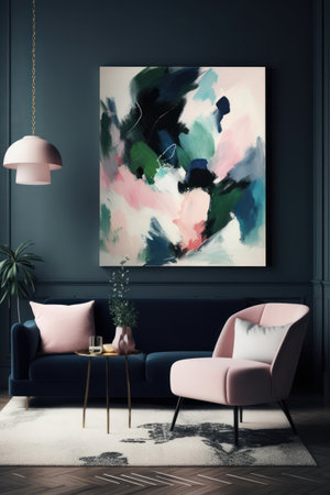 Modern living room interior with pink armchair, coffee table and poster. 3D Renderingの素材