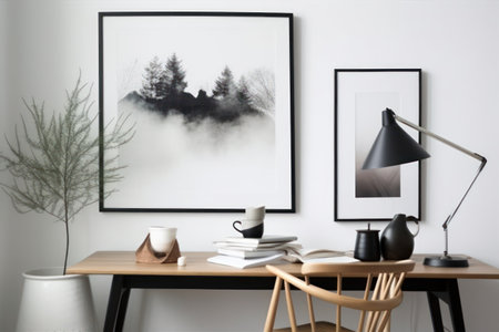 Stylish workplace interior with mock up poster frame, coffee cup, table lamp, plant and other items. modern home decor.の素材
