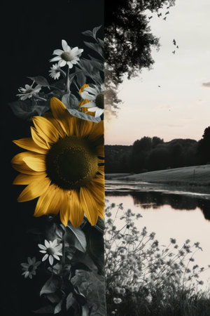Sunflower and daisies on the background of the river.の素材
