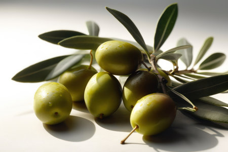 Green olives with leaves on a white background, close-upの素材