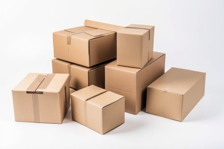 Pile of cardboard boxes on white background. Delivery and shipping concept.の素材