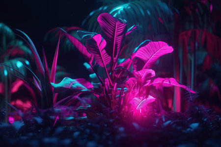 Tropical plants in neon light. Beautiful background of tropical plants.の素材