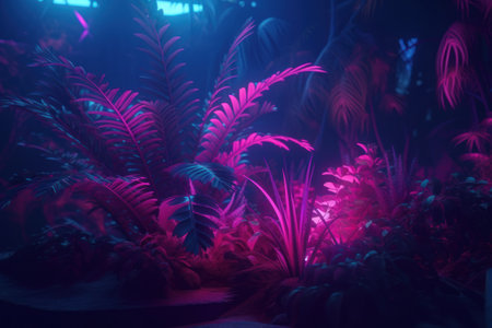 Tropical leaves in neon light. colorful tropical plants.の素材