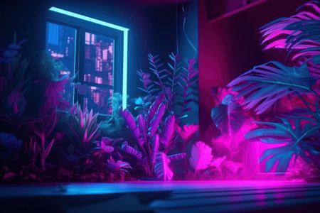 Futuristic neon interior. Futuristic dark room with neon lights and plants. night scene.の素材