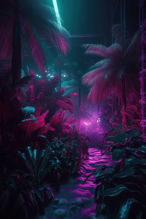 Futuristic dark tropical jungle with neon lights. 3d renderingの素材