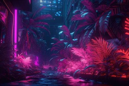 Futuristic night scene with neon lights and plants. 3d renderingの素材