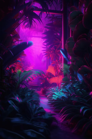 Futuristic dark tropical night garden with neon lights and plants.の素材