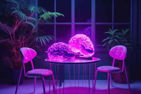 Neon glowing brain on table in dark room. 3D renderingの素材