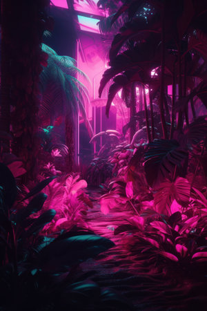Futuristic night tropical jungle. Exotic plant in neon light.の素材