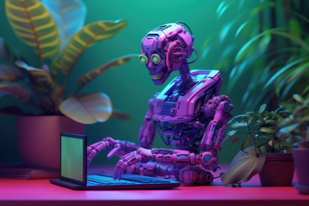 Futuristic robot working on a laptop. 3d rendering.の素材