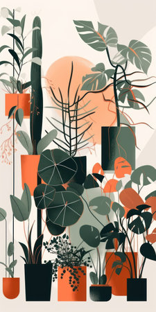Modern abstract vector illustration with plants in pots and sun in the backgroundの素材