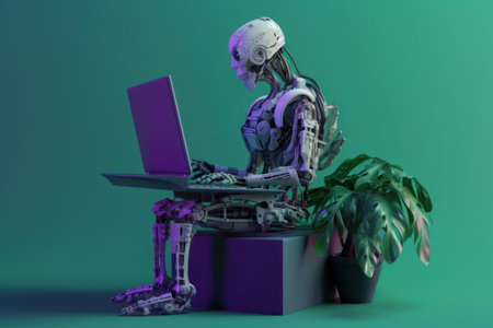 3D rendering of a female robot working on a laptop computer.の素材