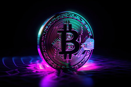 Bitcoin. Cryptocurrency concept. 3D rendering. neon lightsの素材
