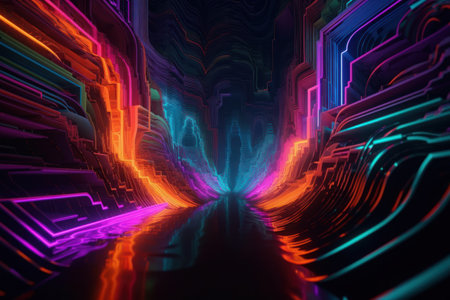 3D rendering of abstract background with neon lights. Futuristic tunnelの素材