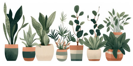 Collection of houseplants in pots isolated on white background. vector illustration.の素材