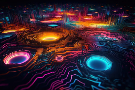 Futuristic technology wave background design with glowing lines and bokehの素材