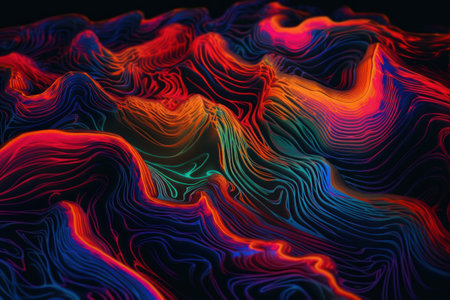 3d rendering of abstract background with waves and lines in blue, red and orange colorsの素材