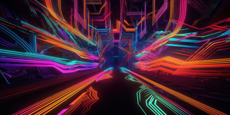 3D rendering of abstract technology background with neon lights. Futuristic tunnel.の素材