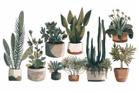 Collection of hand drawn cacti and succulents in pots.の素材