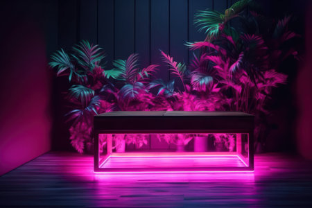 3d rendering, neon light box with palm leaves, night club, night clubの素材