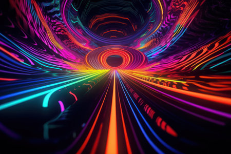 3d illustration of abstract geometric tunnel with neon lights in the darkの素材