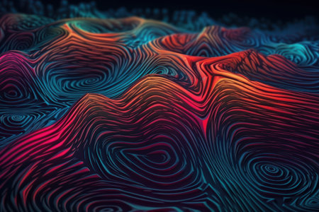 3d rendering of abstract wavy surface with red and blue gradientの素材