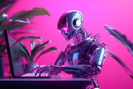 Robot working on a laptop computer. 3d render illustration.の素材