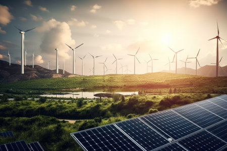 Solar panels and wind turbines against the sky with clouds. 3d renderingの素材