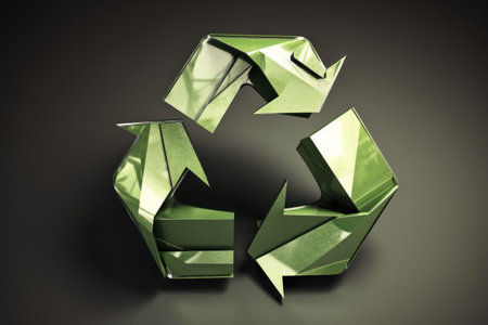 Recycling symbol made of green paper on dark background. 3d illustrationの素材