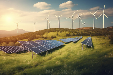 solar energy panels and wind turbines on the hillside at sunsetの素材