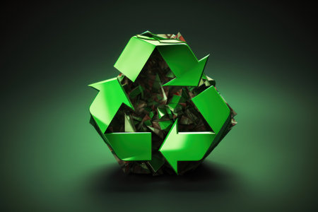 Recycling symbol on green background. 3d render illustration.の素材