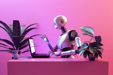 3d rendering robot working with laptop and plant on pink studio backgroundの素材