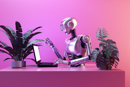 Robot with laptop and plant on pink background. 3d renderingの素材