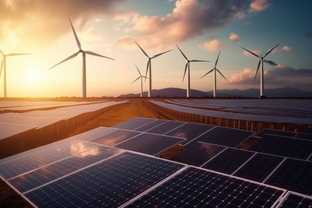 Solar panels and wind turbines, photovoltaic modules for renewable electric production, concept of sustainable resourcesの素材