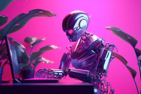 Robot working on a laptop. artificial intelligence concept. 3d rendering.の素材
