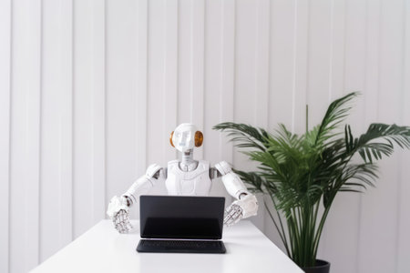 Robot working with laptop at home office. artificial intelligence concept.の素材