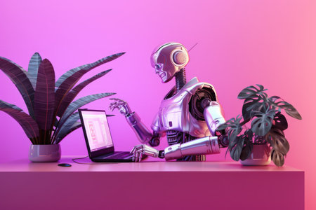Robot with laptop and houseplants. 3D rendering.の素材