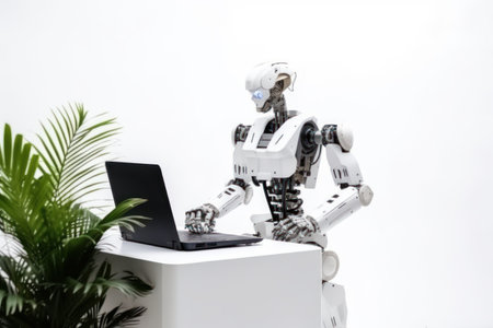 Robot working on a laptop computer with a green plant in the backgroundの素材