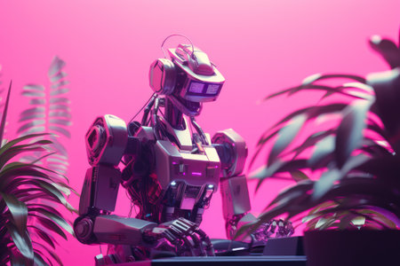 3d rendering humanoid robot working in the office with a plant.の素材
