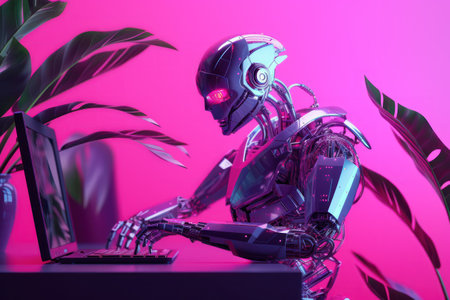 Robot working with laptop on pink background. concept of artificial intelligenceの素材
