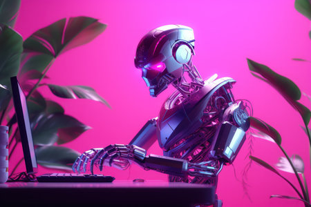 Robot working on a laptop in a dark room with green plantsの素材