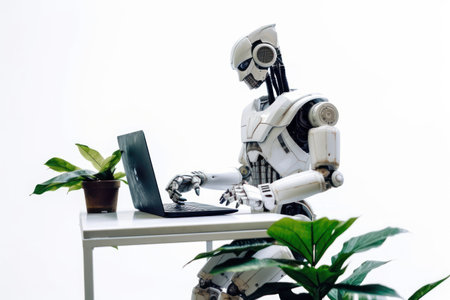 Robot working with laptop on white background. artificial intelligence concept.の素材