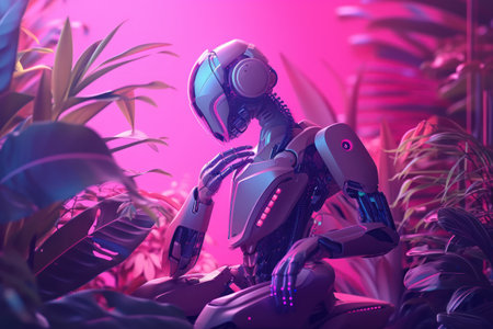 Robot on a pink background with tropical plants. 3d renderingの素材