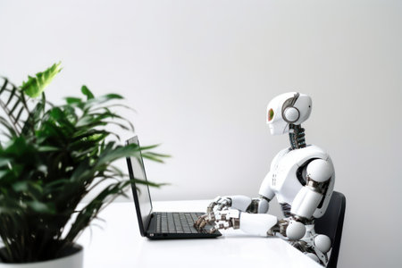Robot working on laptop. artificial intelligence concept. AI, machine learning, cloud computing and automation concept.の素材