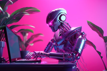 3D rendering of a female robot working on a desktop computer.の素材