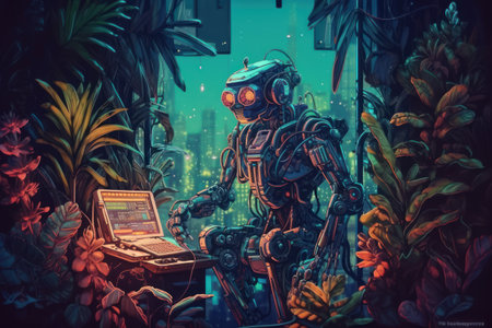 Vintage robot working at night in the city. artificial intelligence concept.の素材