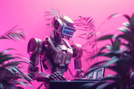 Robot with a laptop and palm leaves. 3d rendering.の素材