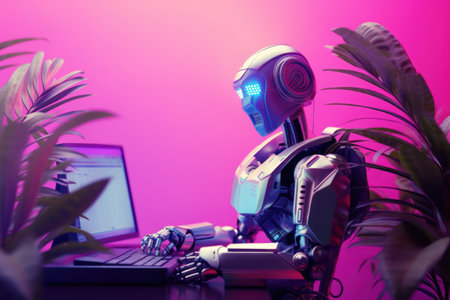 Robot working on laptop computer. artificial intelligence concept. 3D Renderingの素材