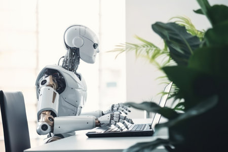 Robot working on computer in modern office. artificial intelligence concept.の素材
