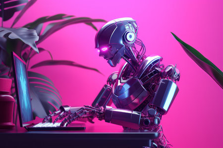 3d rendering humanoid robot working at the desk with laptop and plantの素材